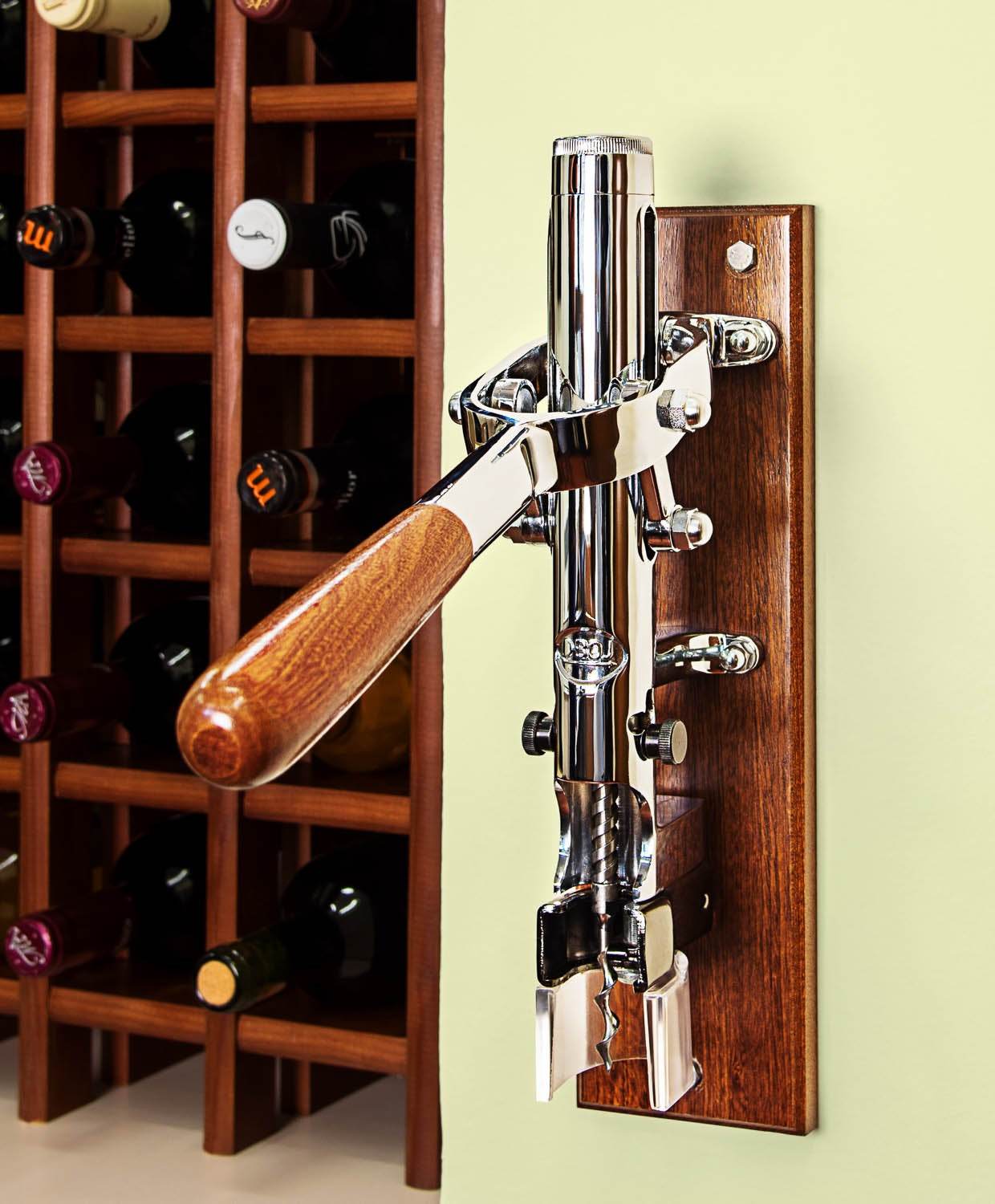 BOJ Professional Wine Opener Chrome Plated SapeleBacked Wall Mounted Corkscrew 09921 wineopeners.shop