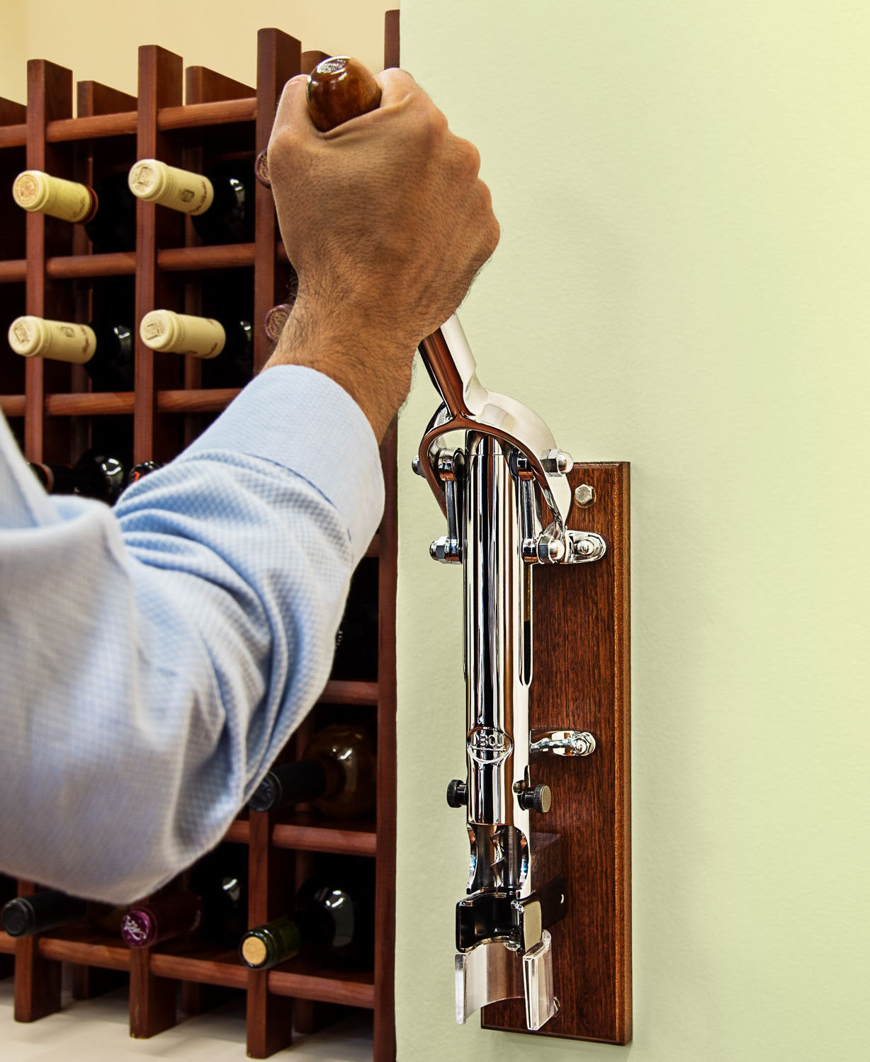 BOJ Professional Wine Opener Chrome Plated SapeleBacked Wall Mounted Corkscrew 09921 wineopeners.shop