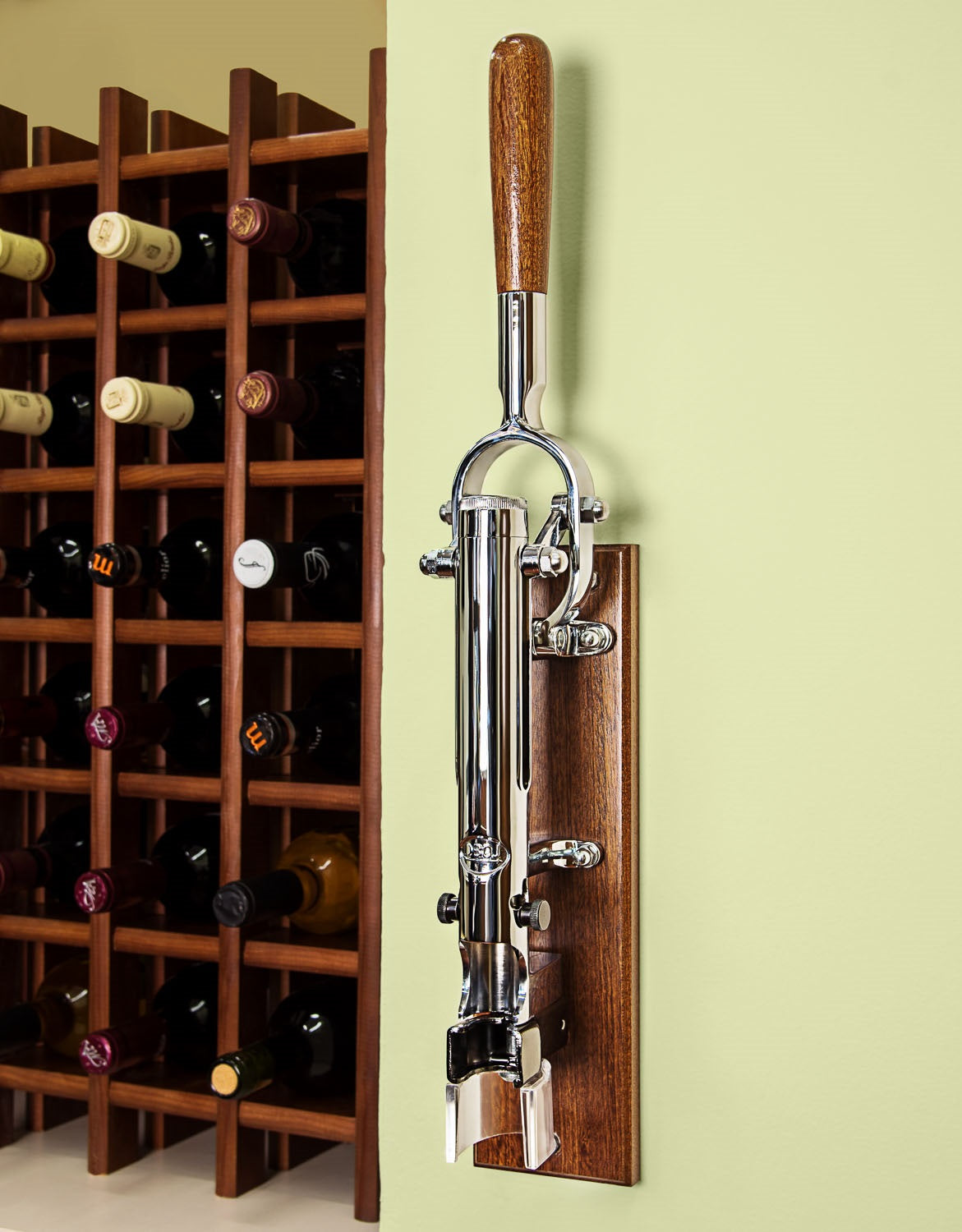 BOJ Professional Wine Opener Chrome Plated SapeleBacked Wall Mounted Corkscrew 09921 wineopeners.shop