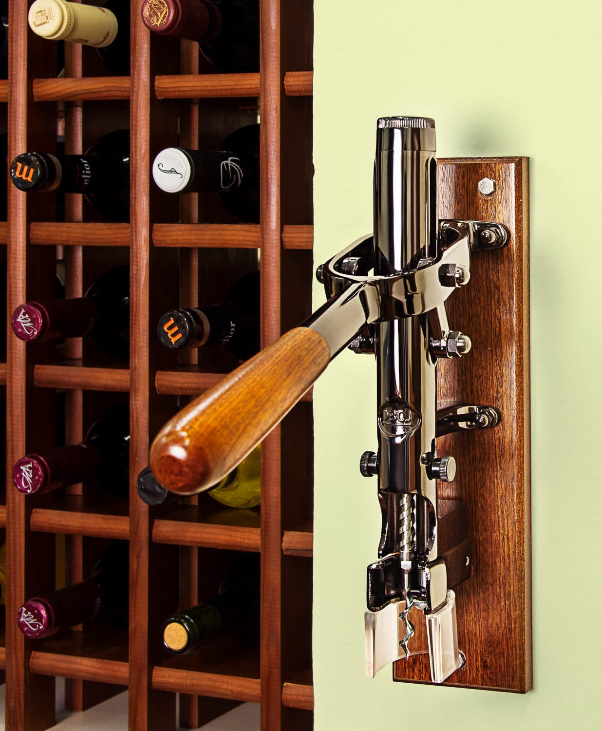 BOJ Professional Wine Opener Black Nickeled SapeleBacked Wall Mounted Corkscrew 09926 wineopeners.shop