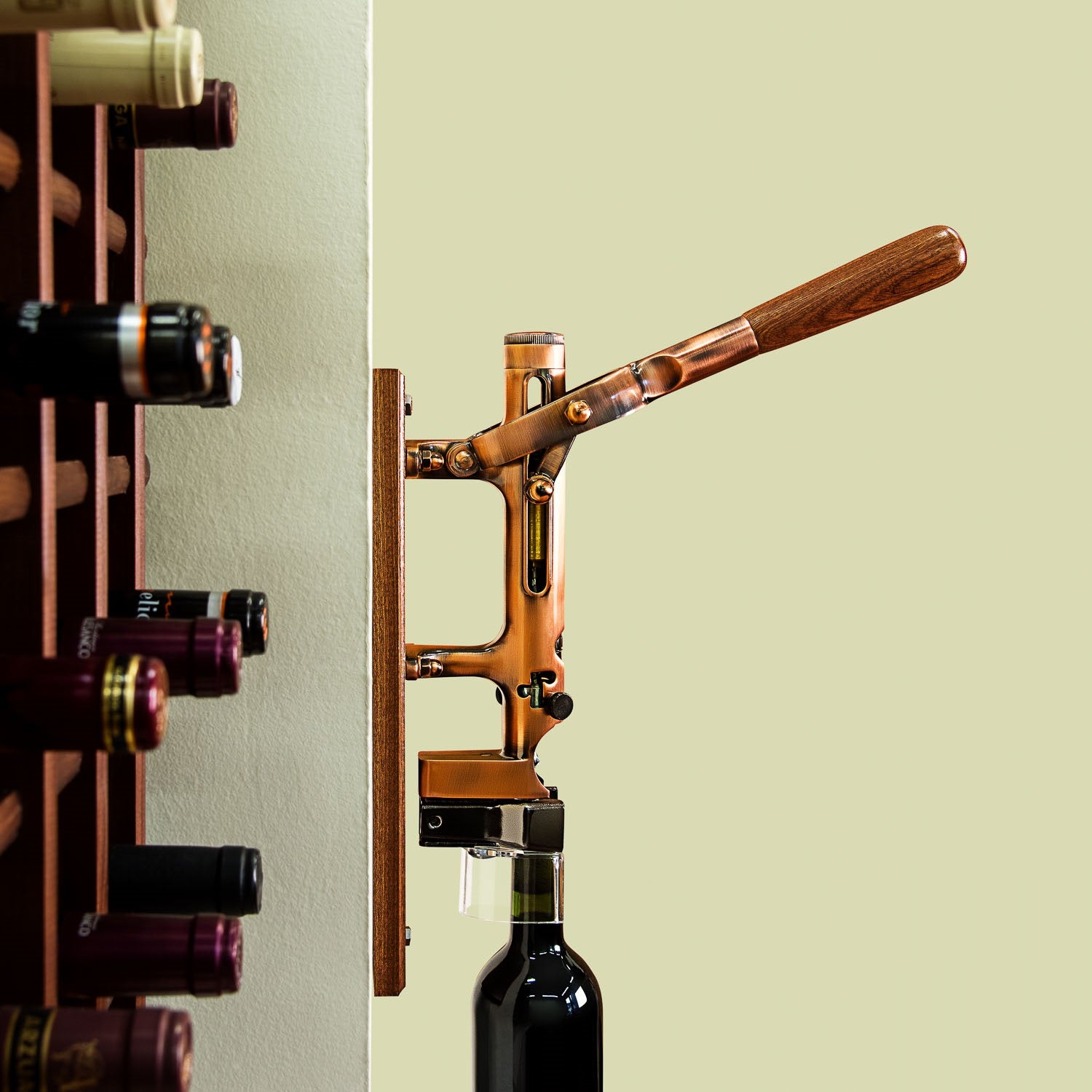 BOJ Professional Wine Opener Old Copper SapeleBacked Wall Mounted Corkscrew 09927 wineopeners.shop