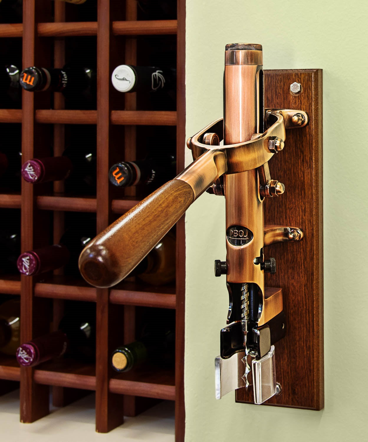 BOJ Professional Wine Opener Old Copper SapeleBacked Wall Mounted Corkscrew 09927 wineopeners.shop