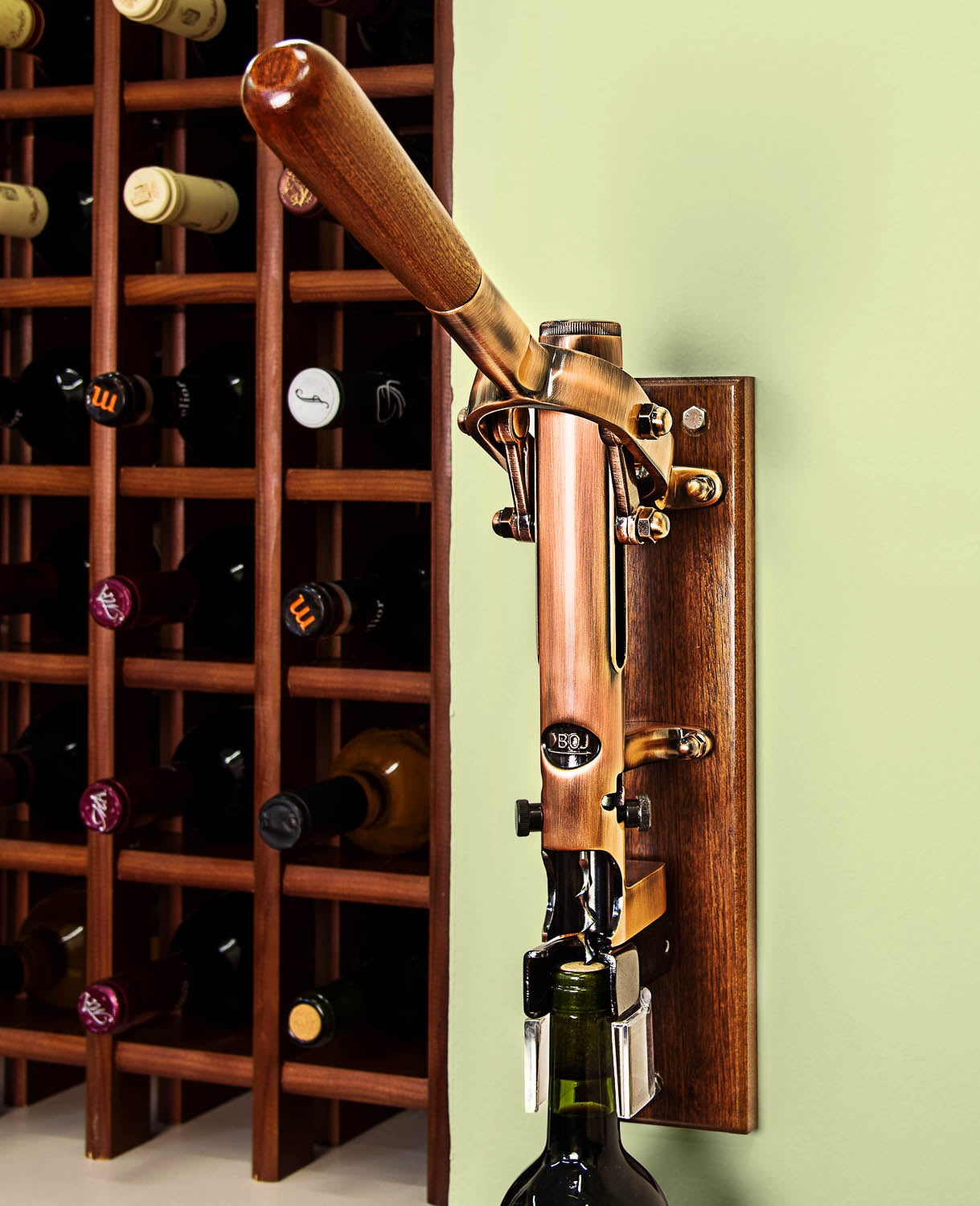 BOJ Professional Wine Opener Old Copper SapeleBacked Wall Mounted Corkscrew 09927 wineopeners.shop