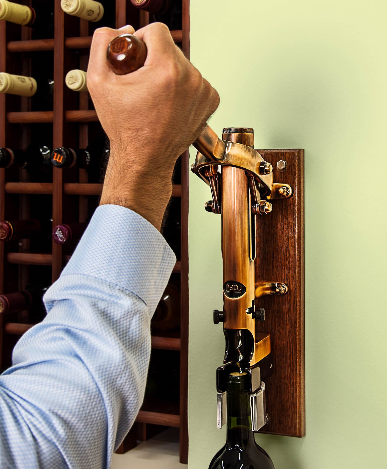 BOJ Professional Wine Opener Old Copper SapeleBacked Wall Mounted Corkscrew 09927 wineopeners.shop