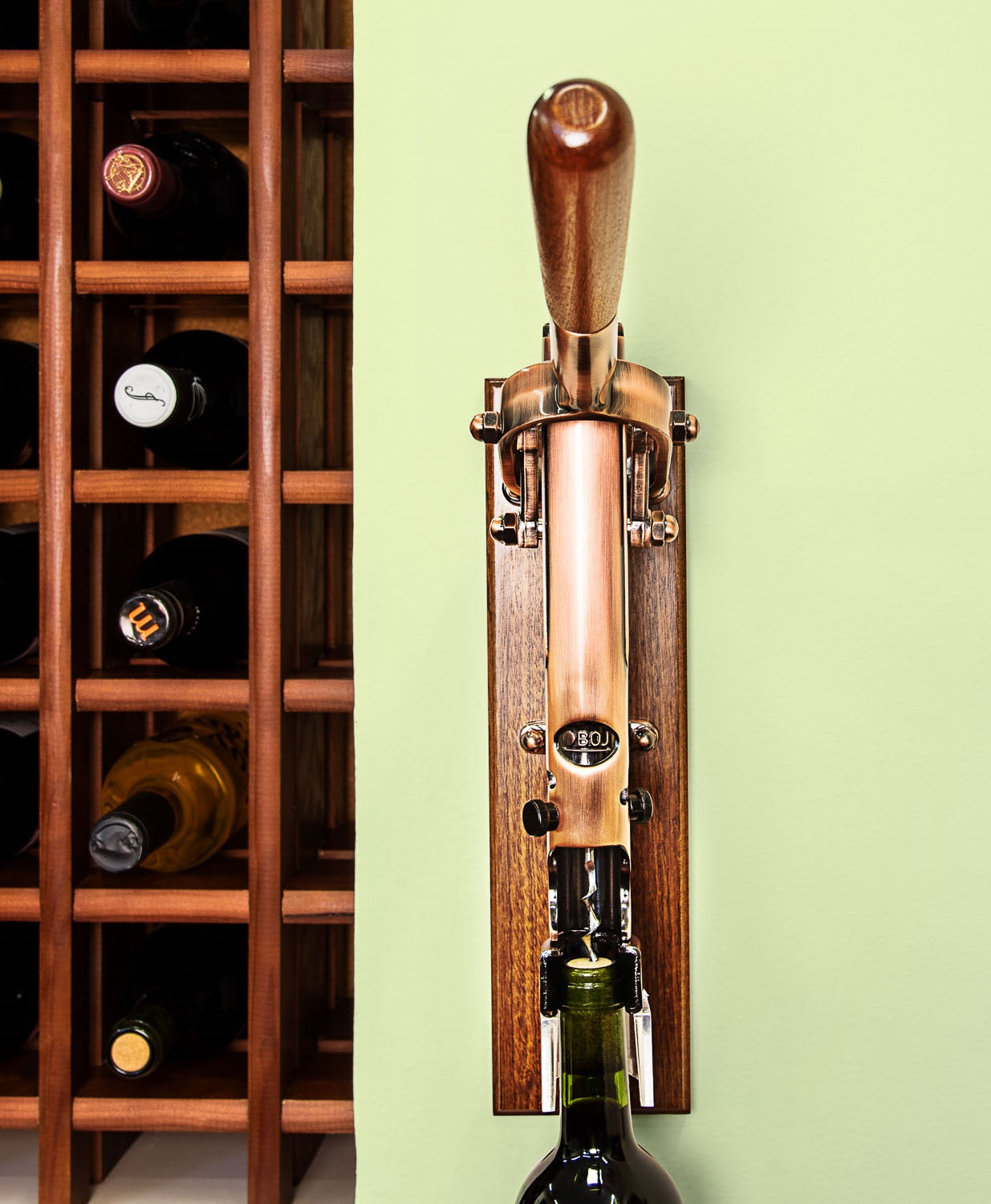 BOJ Professional Wine Opener Old Copper SapeleBacked Wall Mounted Corkscrew 09927 wineopeners.shop