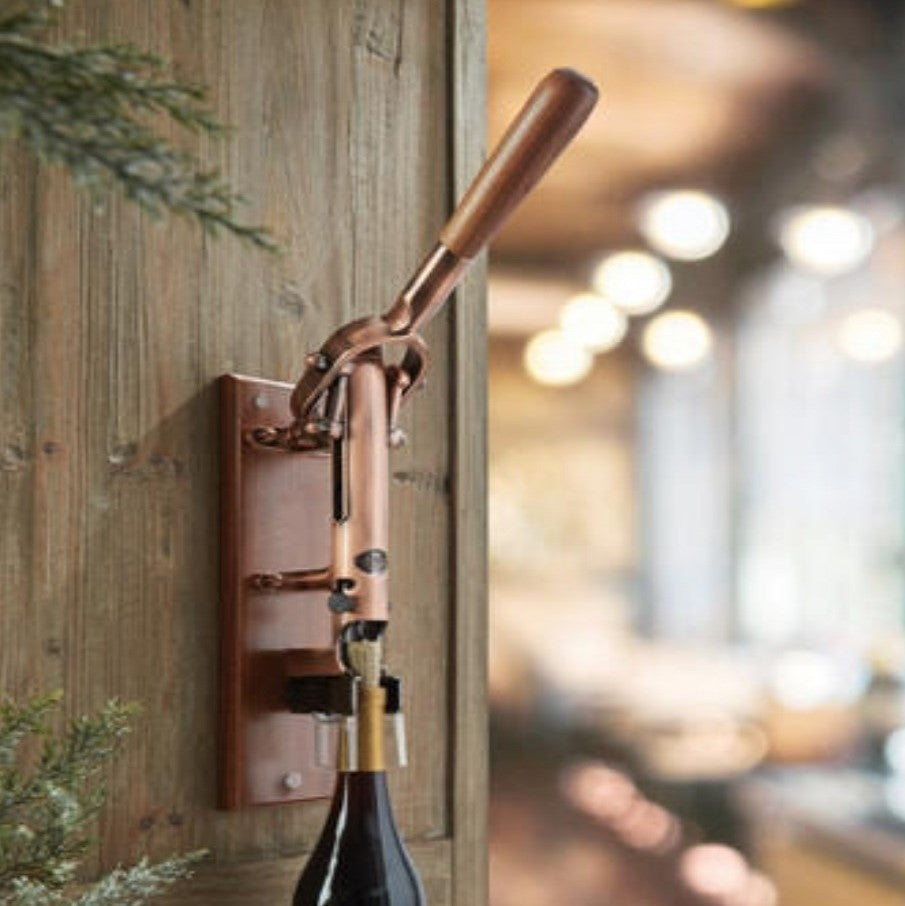 BOJ Professional Wine Opener Old Copper, Sapele-Backed Wall Mounted Corkscrew