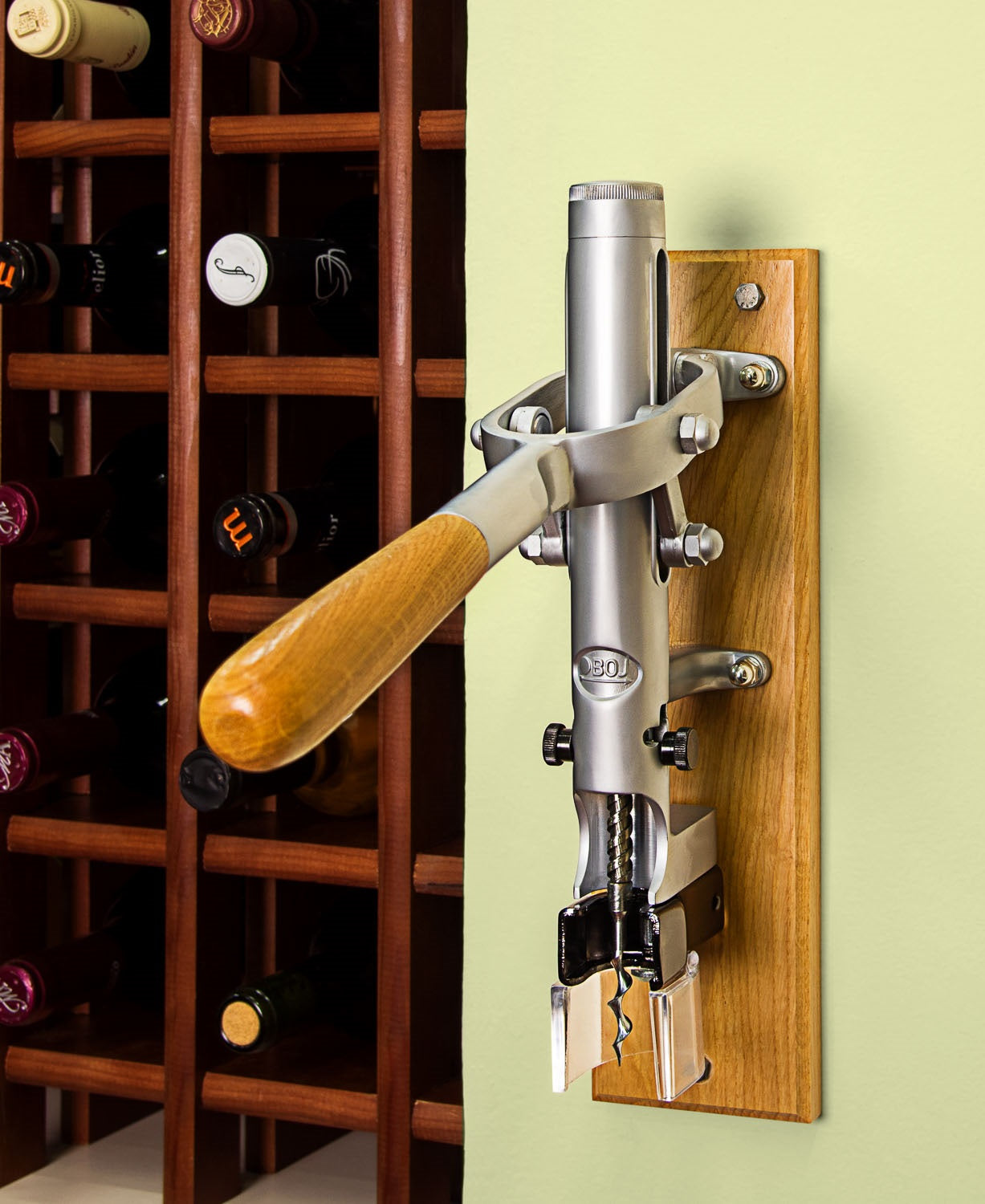 BOJ Professional Wine Opener Matte Chrome SapeleBacked Wall Mounted Corkscrew 09941 wineopeners.shop