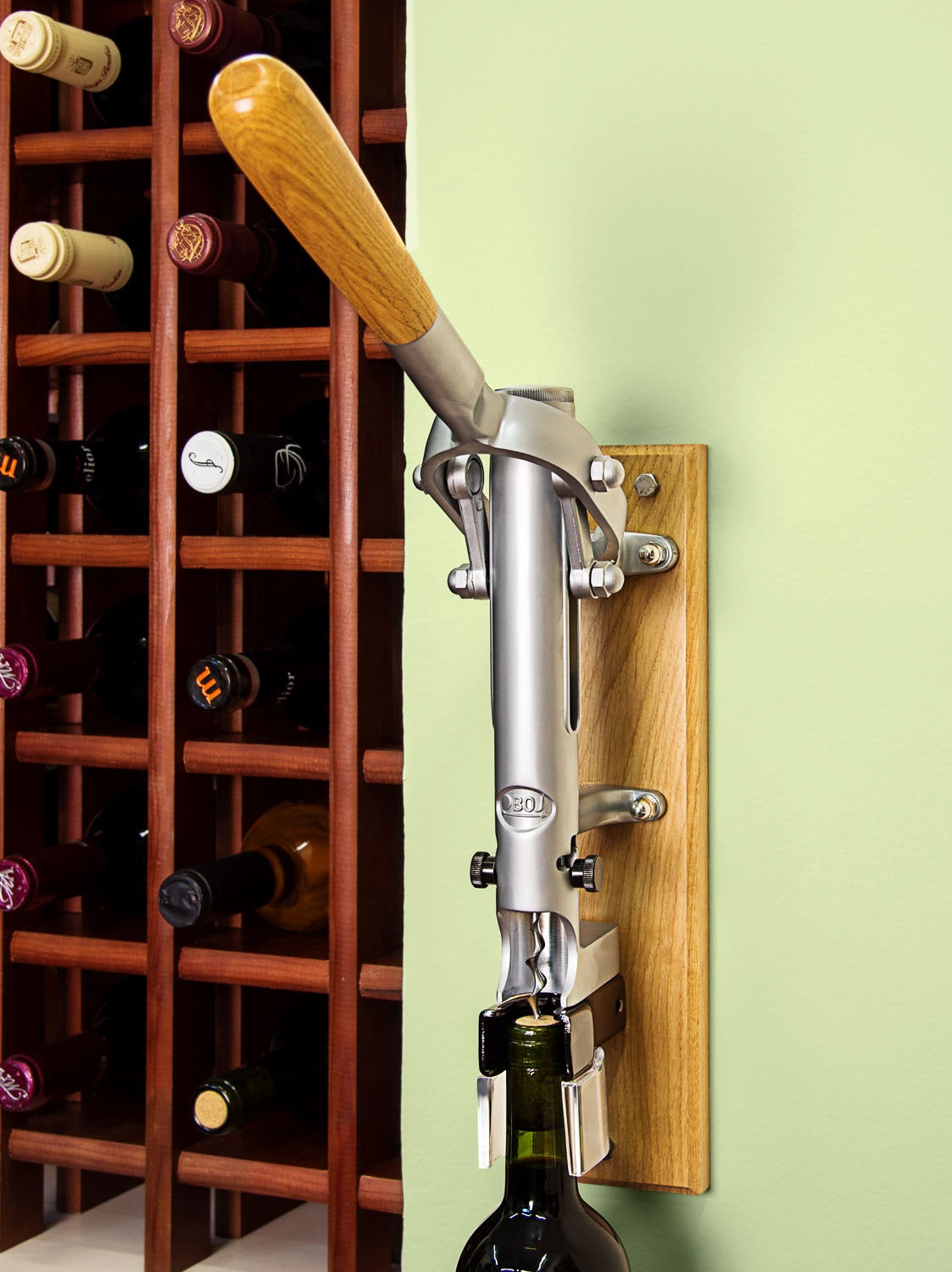 BOJ Professional Wine Opener Matte Chrome SapeleBacked Wall Mounted Corkscrew 09941 wineopeners.shop