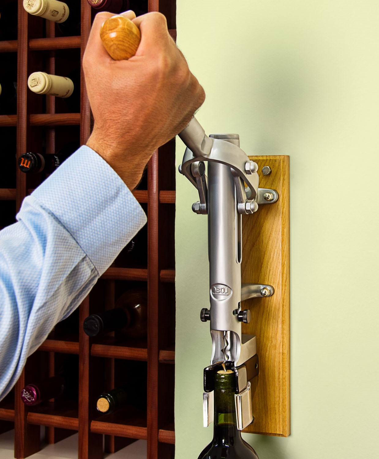 BOJ Professional Wine Opener Matte Chrome SapeleBacked Wall Mounted Corkscrew 09941 wineopeners.shop
