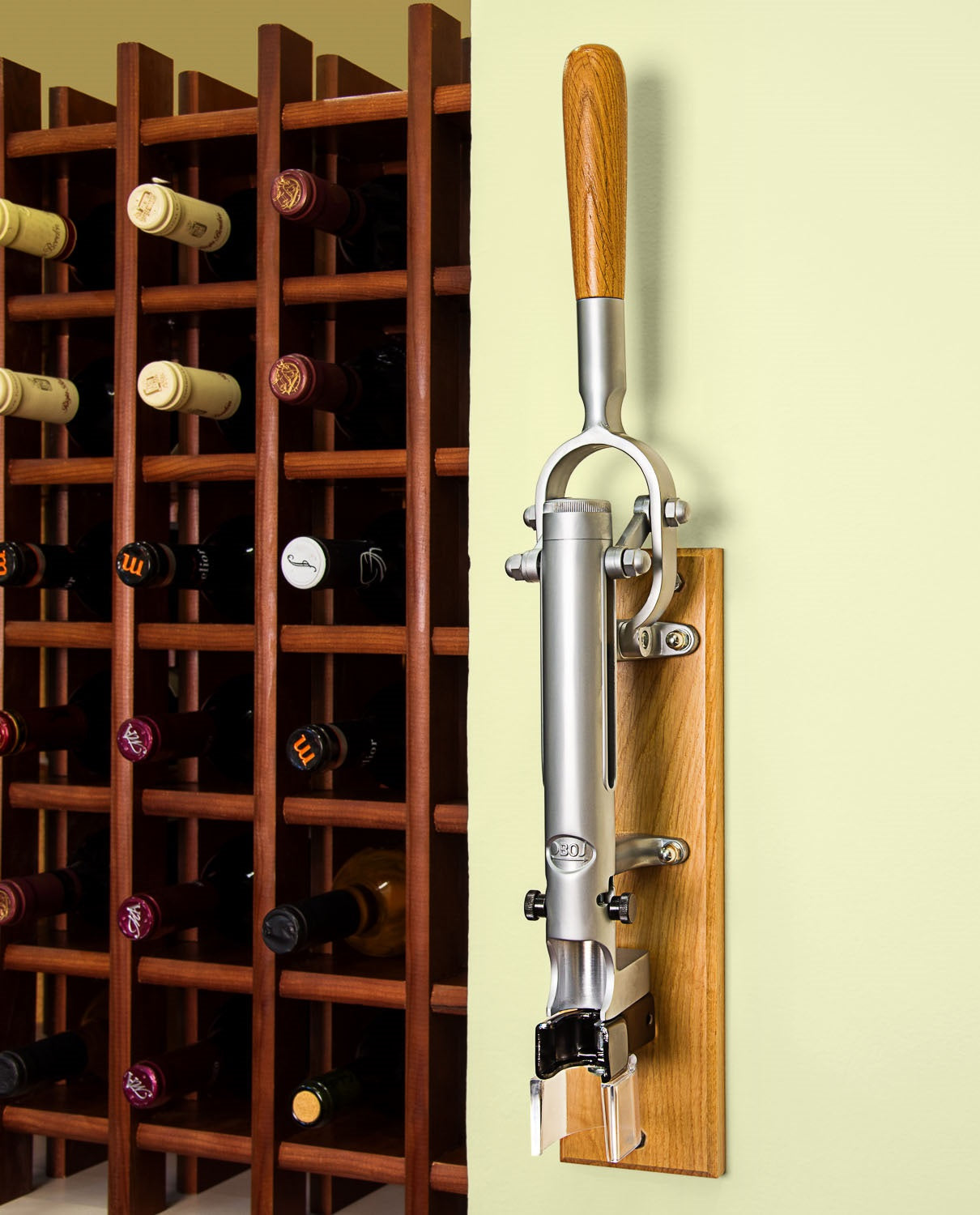 BOJ Professional Wine Opener Matte Chrome SapeleBacked Wall Mounted Corkscrew 09941 wineopeners.shop