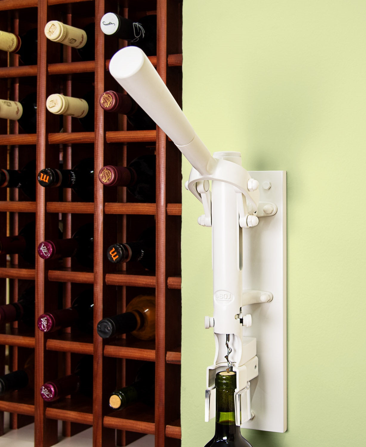 BOJ Professional Wine Opener White SapeleBacked Wall Mounted Corkscrew 10452 wineopeners.shop