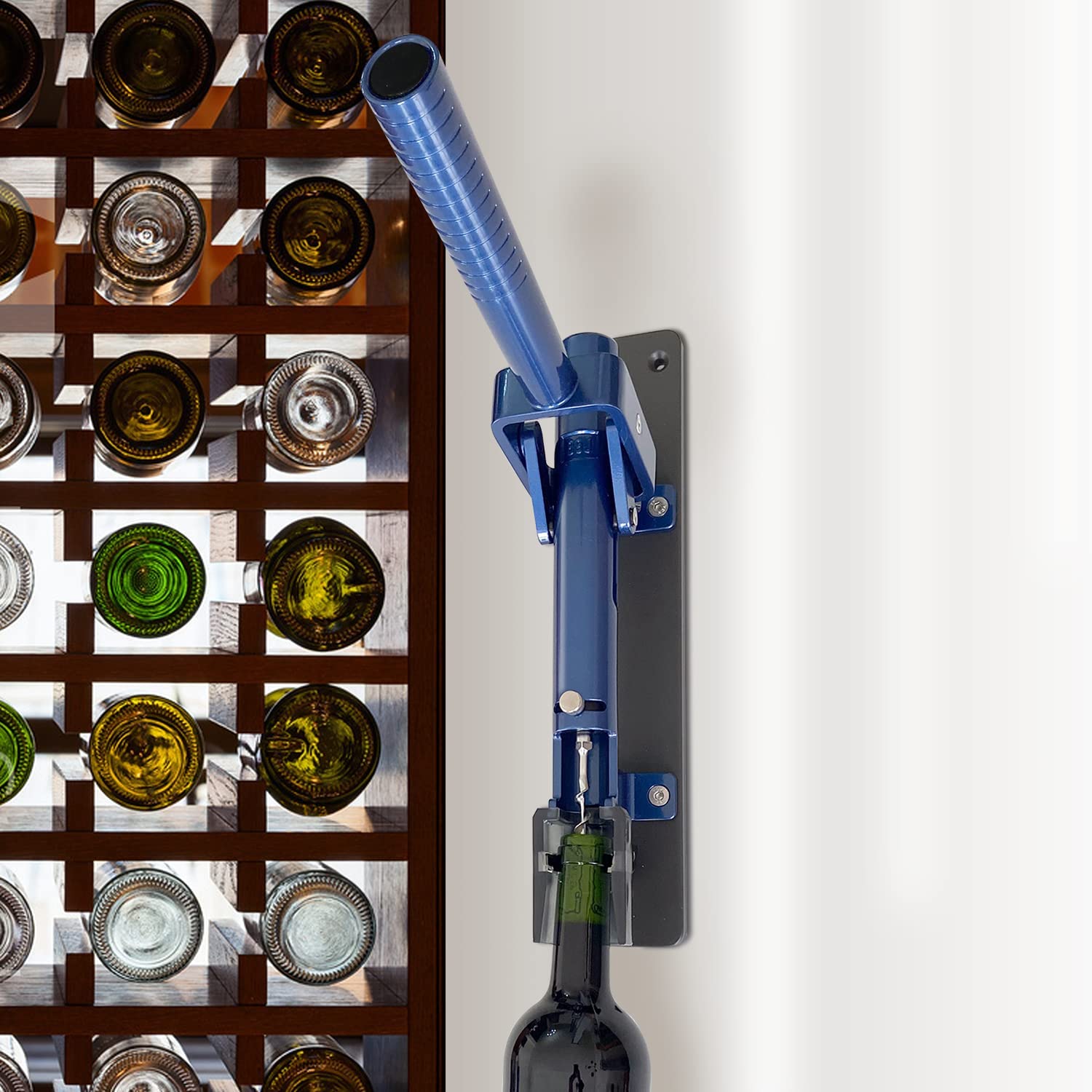 BOJ Abridor de Vino Profesional LUX Azul Habana, Sacacorchos de Pared con Respaldo de Madera Gris Oscuro, Modelo 110 